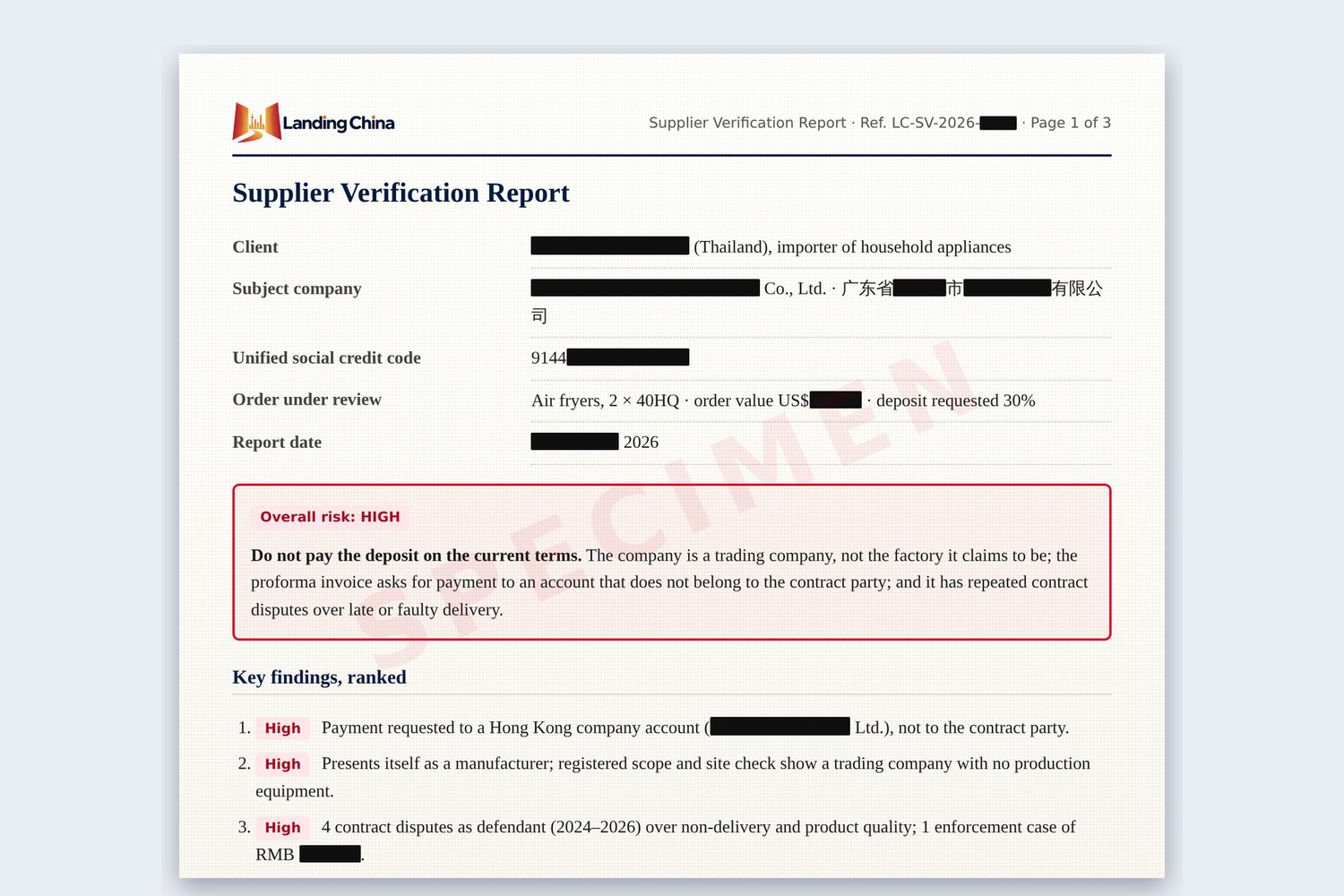 Specimen supplier verification report with redacted company details and ranked risks